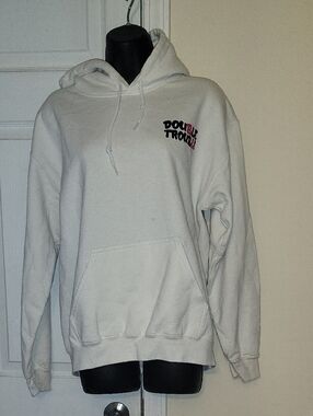 Gildan White Crewneck Hoodie with Small 'Double Trouble' Logo - Women. As Is.